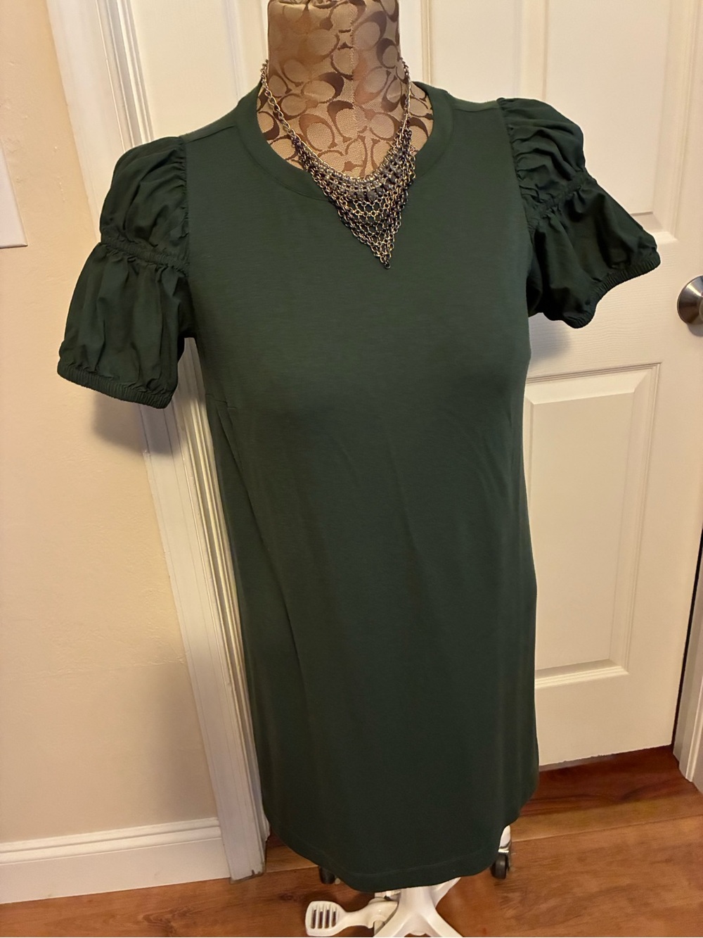 LOFT Dark Green Puff Sleeve Mini Dress
